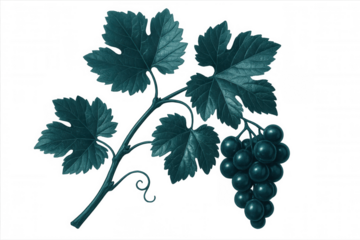 Teal green vine with bunch of grapes and leaves isolated on transparent background, ideal for wine or nature-themed projects