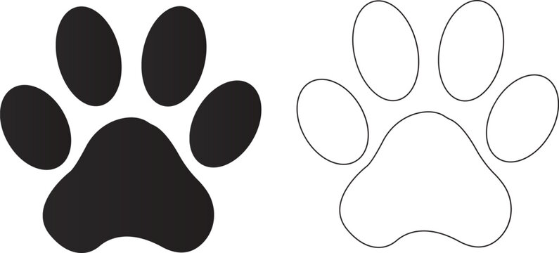 Paw Print Icon,A simple yet iconic black paw print silhouette, featuring four distinct toe pads and a larger metacarpal pad, isolated on a clean white background. footprints Pet paw
