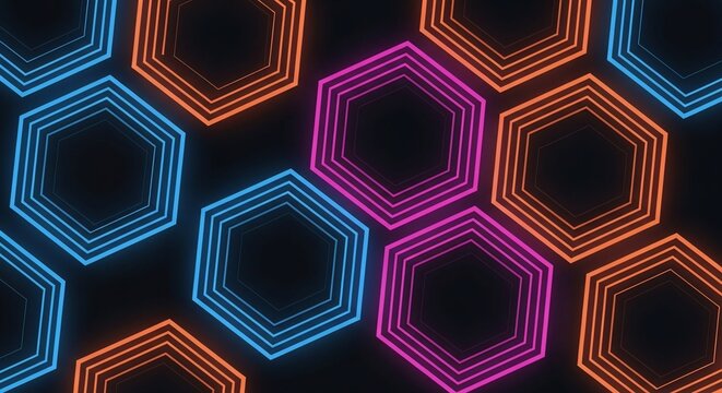 Vibrant concentric neon hexagons in blue magenta and orange forming a glowing geometric pattern.