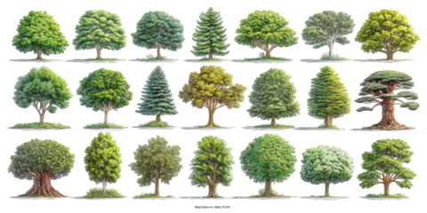 Collection of Illustrated Green Trees with Varied Foliage