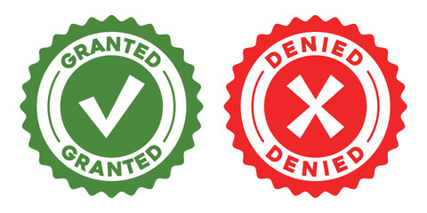 Green granted checkmark and red denied x symbols seal badges for approval and rejection
