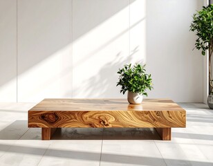 A spacious, sun-drenched room showcases a substantial, natural wood coffee table, accented by a small plant in a light-colored pot.