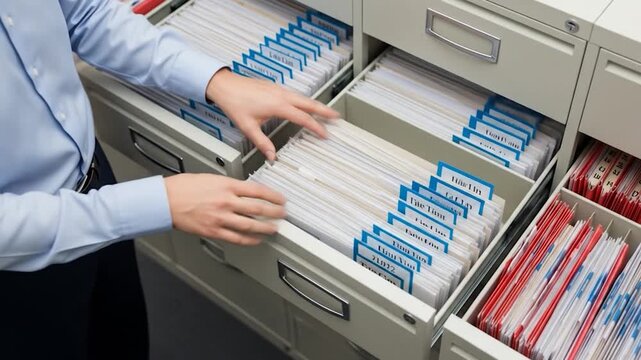 Professional searching through organized documents in office filing cabinet
