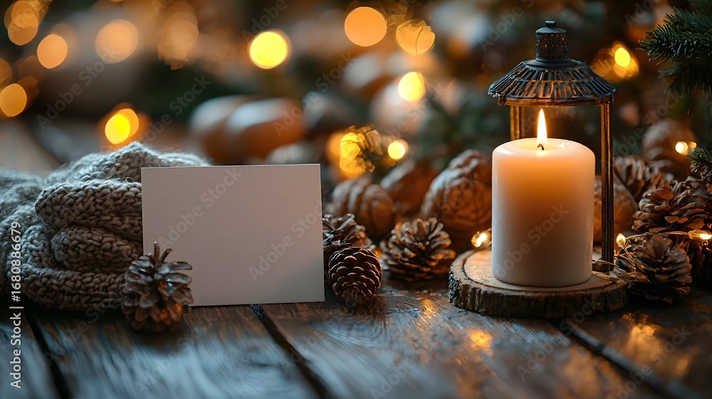 Poster cozy winter scene with a lit candle in a lantern pinecones a knitted blanket and a blank card on a r