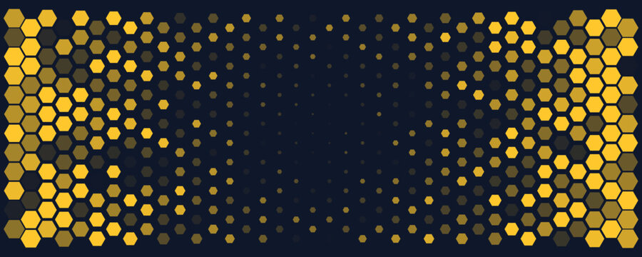 Hexagon Background Glowing Honeycomb Pattern In Yellow Blue Colors for AI, Tech Digital Forum and Conference Ad Presentation. Hexagonal Modern Texture. Halftone Gradient Backdrop. Vector Abstract BG