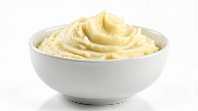 Creamy mashed potatoes swirled high in a white bowl, a comforting and delicious side dish