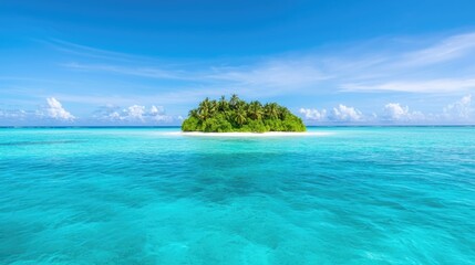 Stunning aerial view of an isolated lush tropical island paradise surrounded by crystal clear turquoise ocean waters and white sandy beaches  A secluded