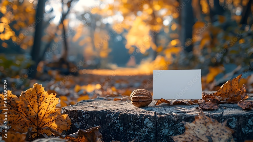 Poster a blank white card and a textured walnut rest on a rustic tree stump surrounded by vibrant autumn le