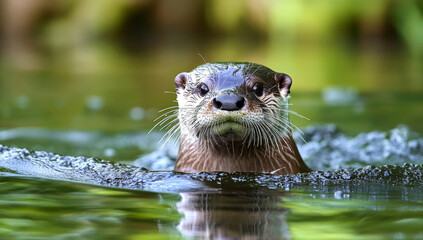 stunning portrait of an otter swimming in the river,  with a green background