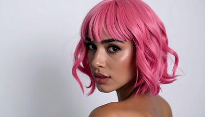 Naklejka premium Close-up portrait of a woman with vibrant pink hair (1)