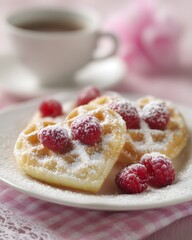 Heart-shaped waffles topped with raspberries and powdered sugar on a pink background