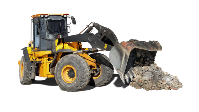 Bright yellow loader bulldozer is actively transporting construction debris, showing its powerful front loader in action at a isolated background.