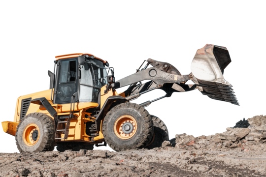 A heavy wheel loader or bulldozer is actively digging and moving dirt at a construction site, showing off its powerful front loader capabilities against an isolated background.