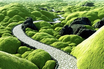 Winding stone path through lush, mossy landscape