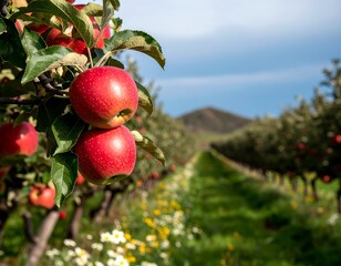 Ripe red apples on a tree branch in an orchard, with rows of trees and a hill in the background
