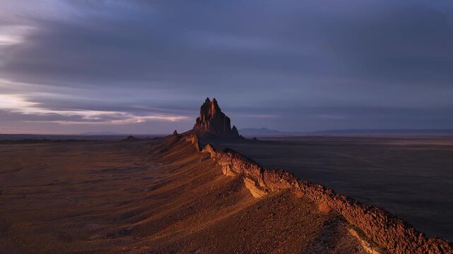 Aerial view of Shiprock formation rising from the desert floor, with warm light catching the rock edges against a moody sky, Shiprock, New Mexico, United States.