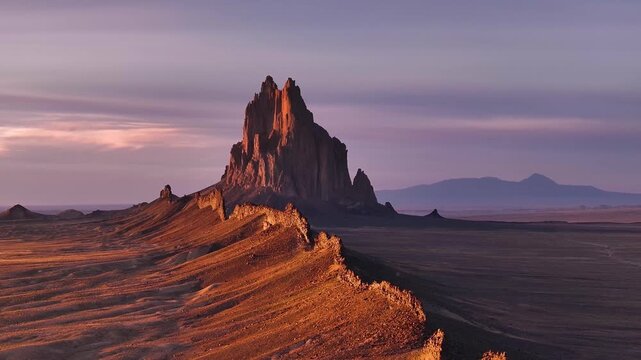 Aerial view of Shiprock Pinnacle, a majestic rock formation piercing the desert landscape under a pastel sky, Shiprock, New Mexico, United States.