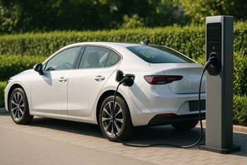 White electric sedan charging at station in green outdoor environment under natural daylight, symbolizing clean transportation concept. Ai generative