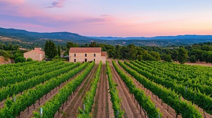Idyllic rolling vineyards bathed in the warm glow of the golden hour set against a backdrop of lush rolling hills in a serene Mediterranean countryside landscape