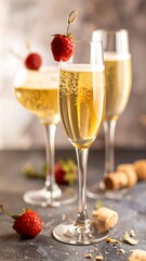 Sparkling champagne flutes, adorned with fresh strawberries and raspberries, create a celebratory ambiance.