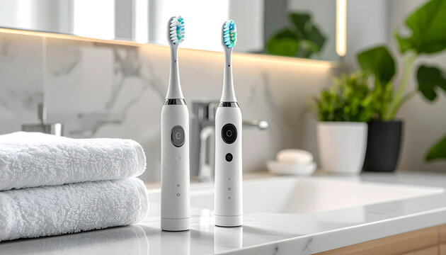 Sleek electric toothbrush white bathroom countertop soft bristle toothpaste foam modern design morning routine clean hygiene