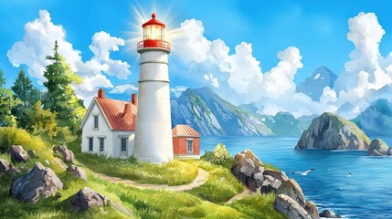 Bright lighthouse on rocky coastline with white house and red roof overlooking calm blue sea under a vibrant sky with clouds and distant mountains