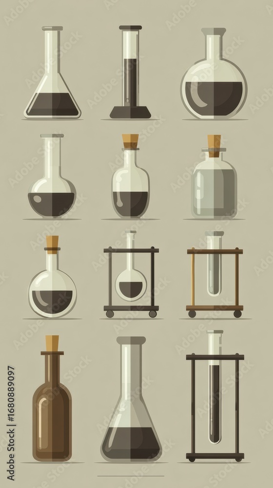 Poster various laboratory glassware displayed in a grid layout showcasing different shapes and sizes for sc