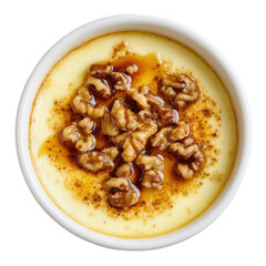  Bowl of custard with caramel and walnuts [Transparent Background PNG].