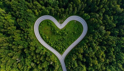 Road curved into a heart shape surrounded by lush greenery represents World Heart Day celebration