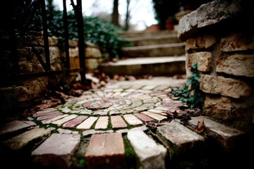 Mosaic pathway with stone steps and greenery