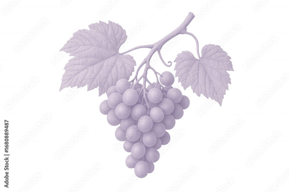 Poster purple grapes clustered, dangling from verdant vine with foliage, resting against transparent backdr