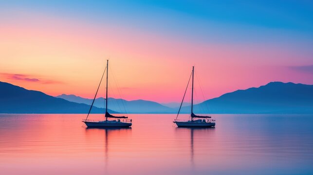 Peaceful and serene sunset over a tranquil bay with two sailboats anchored on the still waters surrounded by silhouetted mountains in the distance