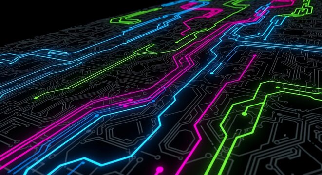 Abstract Circuit Board Neon Lines on Black Background Technology Design.