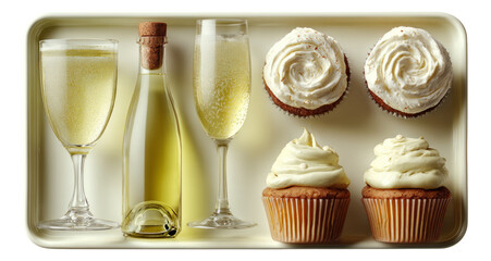 Glasses of Champagne and Cupcakes on Serving Tray Isolated Image