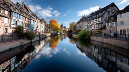 Picturesque canal in a historic European city, autumn colors reflected in water.  Charming buildings line the waterway, with a beautiful, mirrored reflection
