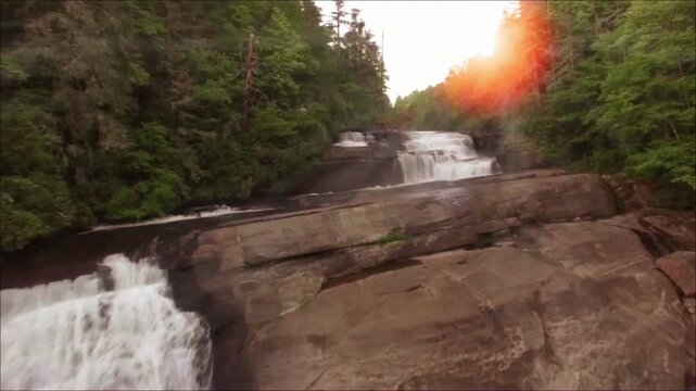 Aerial Drone View of Waterfalls in DuPont Forest Near Brevard, North Carolina at Sunrise