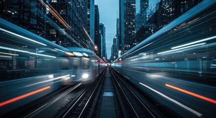 Dynamic city trains speeding through downtown Chicago at night, a vibrant urban scene evoking speed and modern transport with blurred motion and building lights