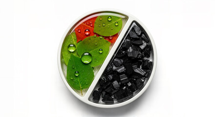 Yin Yang balance concept with natural green leaves and black activated charcoal. Natural cosmetic ingredients with fresh leaves and purifying charcoal. Yin Yang symbol of nature, leaves and charcoal f