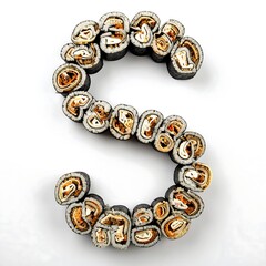 A large, artistic arrangement of sliced sushi rolls forms the letter S against a plain white background.