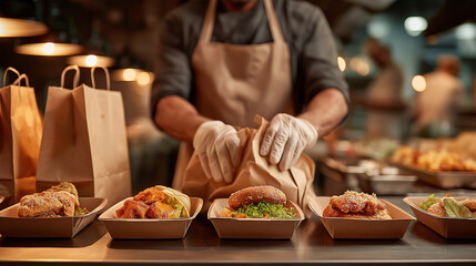 Chef packing delicious food into takeout containers in busy kitchen