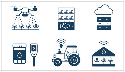 Smart Agriculture & Eco Farming Icon Set – Drone Spraying, Cloud Data, Autonomous Tractor & Aquaponics in Minimal Dark Blue Vector