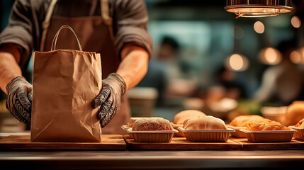 Delivery person packing takeout food in a cafe kitchen  