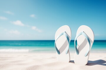 White flip flops standing upright in sand on sunny beach with turquoise ocean and blue sky in summer vacation travel background concept.