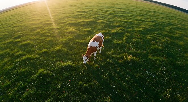 Cow Grazing in a Lush Green Field at Sunset.