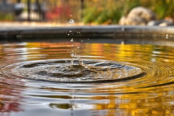 Water droplet impact in a shallow pond, autumn colors reflected