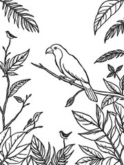 Minimilist illustration of a bird perched on a branch surrounded by foliage in black and white style drawing art 100 vector