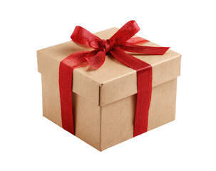 Obraz premium Square, light brown gift box with red ribbon and bow