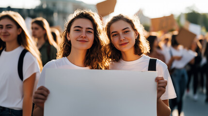 Young activists holding blank protest sign at peaceful demonstration. Students rally together for social change and civil rights. Youth movement gathering outdoors with placards and banners.