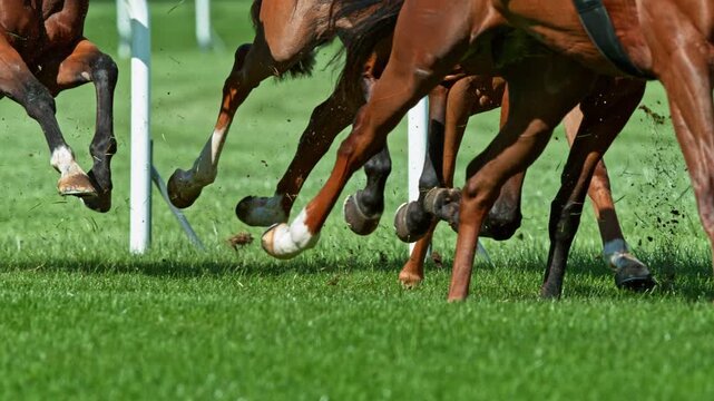 Super Slow Motion of Running Horses on Derby in Detail of Horses Legs. Filmed on High Speed Cinema Camera, 1000 fps. Outdoor Race.