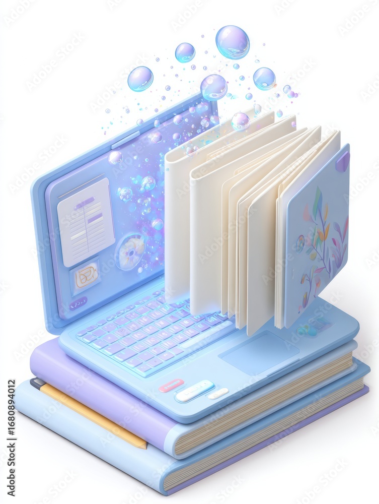 Aufkleber digital learning platform with animated books and bubbles in a modern design showcasing creativity a
